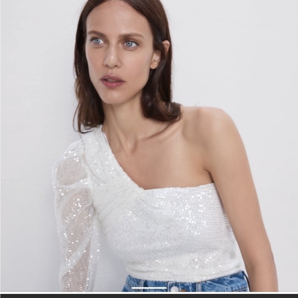 White Sequined Asymmetric One Shoulder Top - XS
